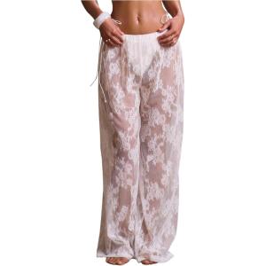 image:imageMakeMeChic Womens Beach Cover Up Pants Floral Lace Mesh Sheer Elastic Waist Bathing Suit Beach PantsWhite