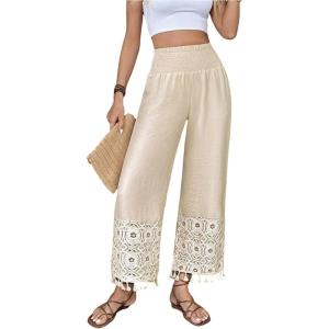 image:imageMakeMeChic Womens Boho Elastic High Waist Wide Leg Pants Fringe Shirred TrousersApricot