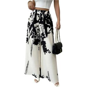 image:imageMakeMeChic Womens Boho Fall Floral Print Pants Business Work Elastic Waist Wide Leg TrousersBlack and White