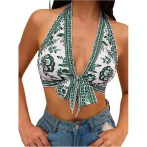 image:imageMakeMeChic Womens Boho Halter Top Tie Front Backless Floral Summer Beach Vacation Bandana TopsGreen