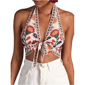 image:imageMakeMeChic Womens Boho Halter Top Tie Front Backless Floral Summer Beach Vacation Bandana TopsRed