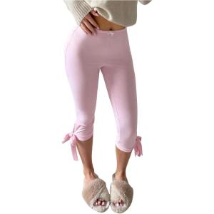 image:imageMakeMeChic Womens Bow Knot Capri Leggings Mid Waist Slim Fit Ribbed Stretchy Trousers Summer Yoga PantPink