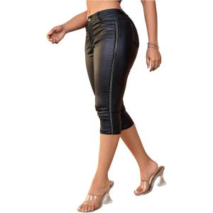 image:imageMakeMeChic Womens Capri Pants Faux Leather Mid Waist Party Clubwear TrousersBlack