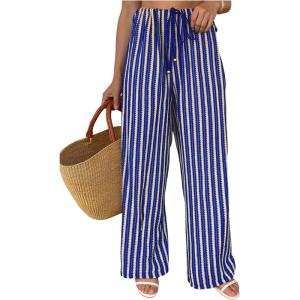 image:imageMakeMeChic Womens Crochet Striped Cover Up Pants Wide Leg Summer Beach Vacation CoverupsBlue and White