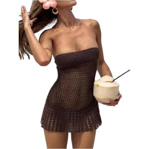 image:imageMakeMeChic Womens Crochet Swimsuit Coverups Strapless Sheer Hollow Out Tube Top Dress Cover UpsBrown