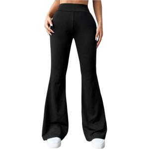image:imageMakeMeChic Womens Flared Pants High Waisted Yoga Leggings Tummy Control Stretchy Bell ButtomBlack