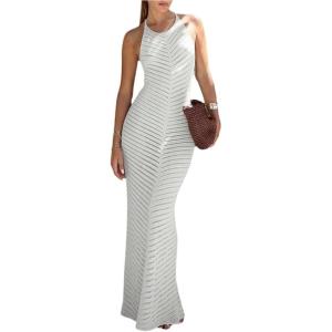 image:imageMakeMeChic Womens Hollow Out Cover Up Dress Tie Backless Halter Neck Sleeveless Beach Swimsuit Maxi DressesWhite