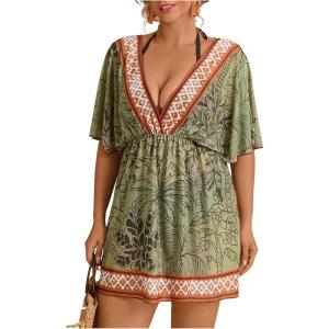 image:imageMakeMeChic Womens Plus Size Beach Cover Ups Shirt Dress Floral Half Sleeve V Neck Boho Beach DressesB