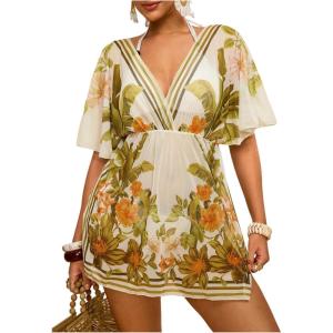 image:imageMakeMeChic Womens Plus Size Beach Cover Ups Shirt Dress Floral Half Sleeve V Neck Boho Beach DressesGreen