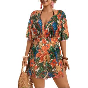 image:imageMakeMeChic Womens Plus Size Beach Cover Ups Shirt Dress Floral Half Sleeve V Neck Boho Beach DressesLight Yellow