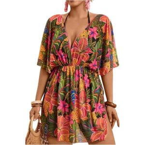 image:imageMakeMeChic Womens Plus Size Beach Cover Ups Shirt Dress Floral Half Sleeve V Neck Boho Beach DressesMulticolor