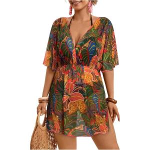 image:imageMakeMeChic Womens Plus Size Beach Cover Ups Shirt Dress Floral Half Sleeve V Neck Boho Beach DressesRed