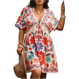 image:imageMakeMeChic Womens Plus Size Boho Swimsuit Cover Up Floral V Neck Short Sleeve Mini Dress CoverupsMulticolor