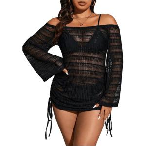 image:imageMakeMeChic Womens Plus Size Crochet Cover Up Dress Hollow Out Drawstring Bathing Suit Cover UpBlack