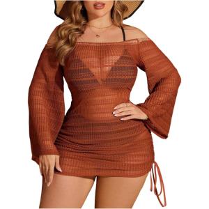 image:imageMakeMeChic Womens Plus Size Crochet Cover Up Dress Hollow Out Drawstring Bathing Suit Cover UpBrown