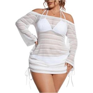 image:imageMakeMeChic Womens Plus Size Crochet Cover Up Dress Hollow Out Drawstring Bathing Suit Cover UpWhite