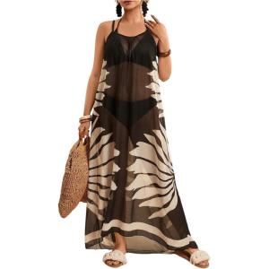 image:imageMakeMeChic Womens Plus Size Swimsuit Cami Dress Coverup Backless Tropical Sheer Beach Boho Maxi DressMulticolor