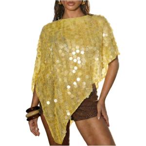 image:imageMakeMeChic Womens Sequin Swimsuit Cover Up Sparkly Asymmetrical Beach Poncho TopsYellow