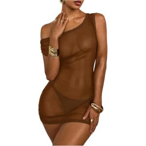 image:imageMakeMeChic Womens Sheer Bodycon Mini Beach Dress Asymmetrical Neck Fitted Short Cover Up DressesBrown