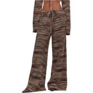 image:imageMakeMeChic Womens Striped Fuzzy Baggy Pants Drawstring Low Waist Wide Leg TrousersBrown