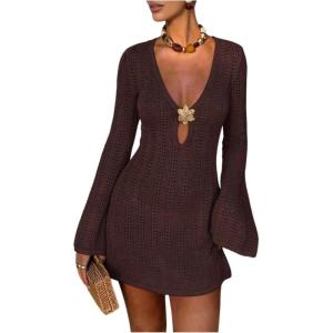 image:imageMakeMeChic Womens Swimsuit Coverup Crochet Mini Dress Bathing Suit Beach Cover UpCoffee Brown