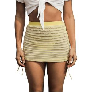 image:imageMakeMeChic Womens Textured Tie Side Mini Beach Skirt Elastic Waist Ruched Bikini Cover UpYellow