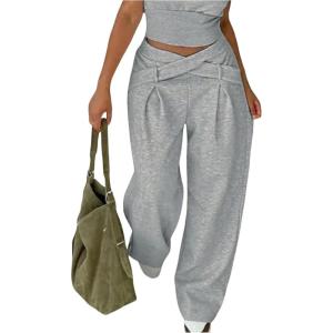 image:imageMakeMeChic Womens Wide Leg Pants Fleece Lined Crossover Elastic Waist Baggy SweatpantsLight Grey