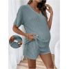 image:imageMakeMeChic Womens Maternity 2 Piece Outfits Pajamas Lounge Sets Summer Short Sleeve Rib Knit Tee Top and Short Mama ClothesBlue a