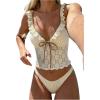 image:imageMakeMeChic Womens Boho Vacation Floral Lace Tankini Swimsuits Ruffle Cheeky Two Piece Bathing SuitsApricot