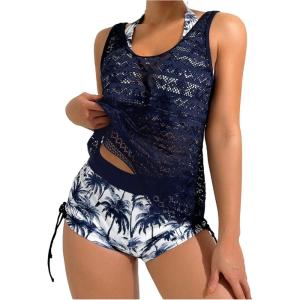 image:imageMakeMeChic Womens 3 Piece Tankini Sets Swimsuit Tropical Print Halter Summer Beach Bathing SuitsBlue