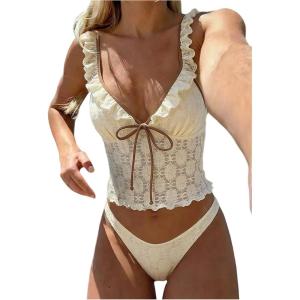 image:imageMakeMeChic Womens Boho Vacation Floral Lace Tankini Swimsuits Ruffle Cheeky Two Piece Bathing SuitsApricot