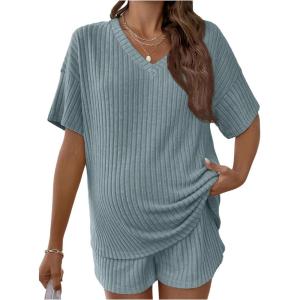 image:imageMakeMeChic Womens Maternity 2 Piece Outfits Pajamas Lounge Sets Summer Short Sleeve Rib Knit Tee Top and Short Mama ClothesBlue a