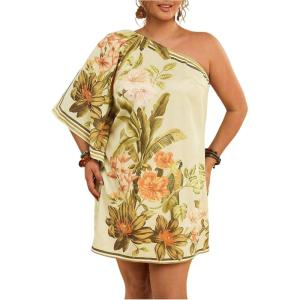 image:imageMakeMeChic Womens Plus Size Mini Dress Floral Print One Shoulder Boho Summer Holiday Short DressesYellow