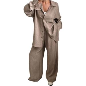 image:imageMakeMeChic Womens 2 Piece Outfits Business Casual Long Sleeve Button Down Shirt and Pants Clothing SetCoffee Brown