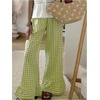 image:imageMakeMeChic Womens Gingham Pants Y2K Wide Leg Elastic Waist Ruffle Hem Teacher Trousers LoungewearGreen