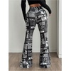 image:imageMakeMeChic Womens Newspaper Print Flared Leg Pants Elastic Waisted Y2K Bootcut TrousersBlack