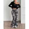 image:imageMakeMeChic Womens Newspaper Print Flared Leg Pants Elastic Waisted Y2K Bootcut TrousersBlack