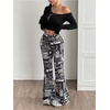 image:imageMakeMeChic Womens Newspaper Print Flared Leg Pants Elastic Waisted Y2K Bootcut TrousersBlack