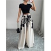image:imageMakeMeChic Womens Pants Boho Floral Elastic High Waisted Wide Leg Palazzo Pants Vacation Business OutfitsApricot