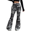 image:imageMakeMeChic Womens Newspaper Print Flared Leg Pants Elastic Waisted Y2K Bootcut TrousersBlack