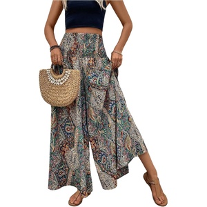image:imageMakeMeChic Womens Boho Palazzo Pants Summer Beach High Waisted Paisley Wide Leg Flowy Trousers