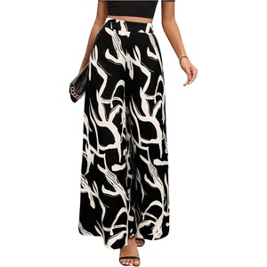 image:imageMakeMeChic Womens Business Fall Graphic Print Pants Elastic Waisted Wide Leg TrousersBlack and White