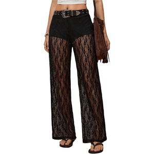 image:imageMakeMeChic Womens Floral Lace Sheer Pants Wide Leg High Waist Long Trousers Going Out Bottom PantBlack