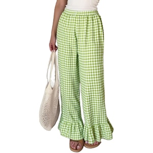 image:imageMakeMeChic Womens Gingham Pants Y2K Wide Leg Elastic Waist Ruffle Hem Teacher Trousers LoungewearGreen