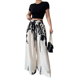 image:imageMakeMeChic Womens Pants Boho Floral Elastic High Waisted Wide Leg Palazzo Pants Vacation Business OutfitsApricot