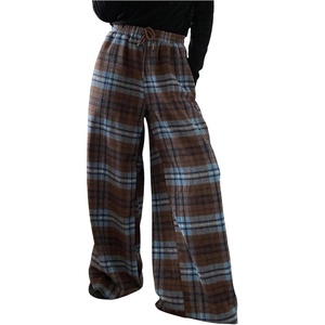 image:imageMakeMeChic Womens Plaid Wide Leg Pants Drawstring High Waist Baggy Trousers with PocketBrown