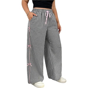 image:imageMakeMeChic Womens Plus Size Plaid Wide Leg Pants Bow High Waist Baggy Y2k TrousersBlack and White