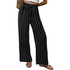 image:imageMakeMeChic Womens Striped Linen Pants High Waist Tie Front Drawstring Palazzo Pant TrousersBlack and White