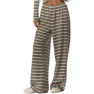 image:imageMakeMeChic Womens Striped Wide Leg Pants Elastic Waist Baggy Long TrousersGreen and Brown