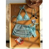 image:imageMakeMeChic Womens 3 Piece Crochet Bikini Sets Halter Triangle Summer Bathing Suit with Cover Up Skirt SwimsuitsMint Blue